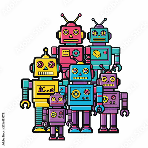 Obraz na płótnie Colorful robots standing together in group.