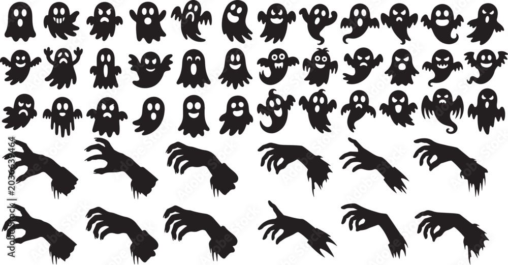 Obraz premium Set of various spooky ghost and hand silhouettes for creative holiday decorations and party designs