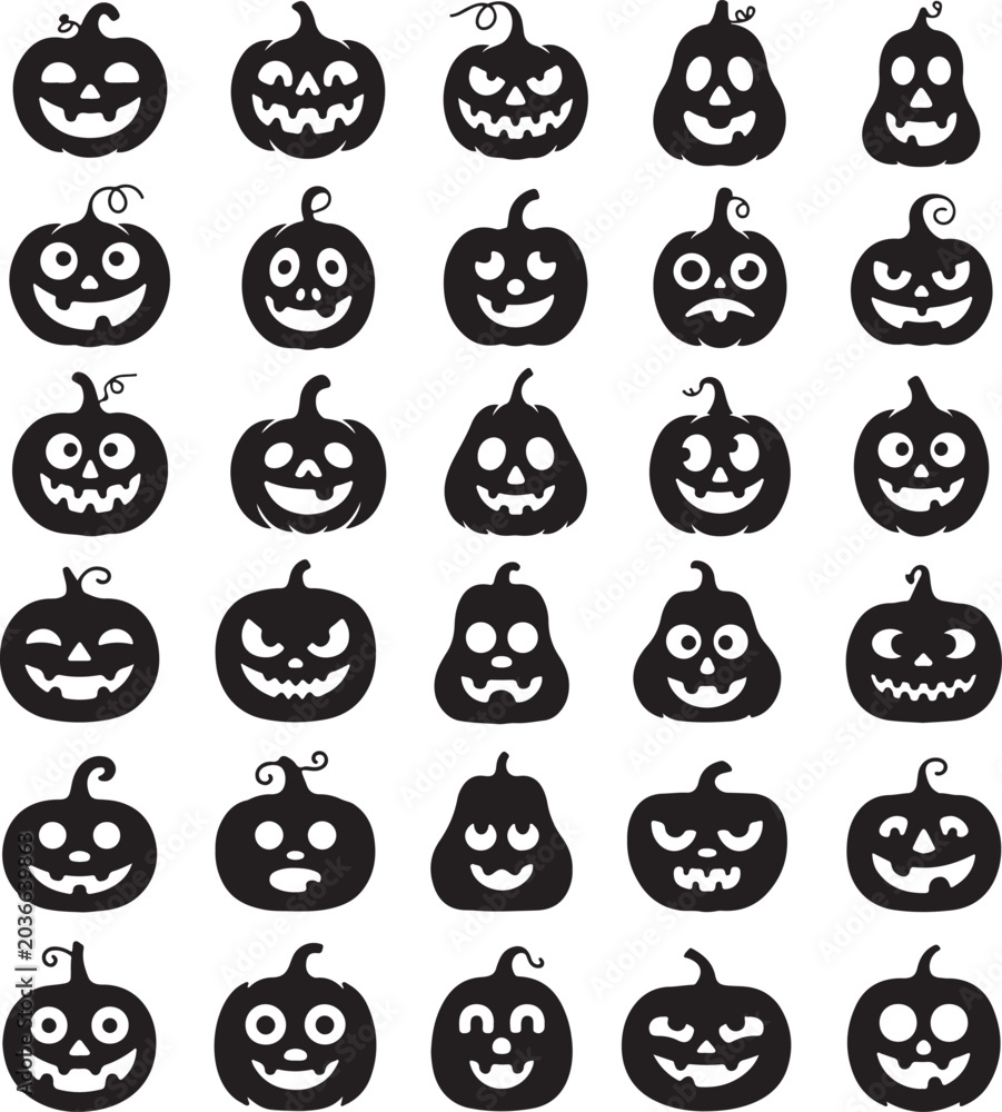 Fototapeta premium Variety of cute and scary carved pumpkin silhouettes for festive Halloween graphic projects and seasonal design inspiration