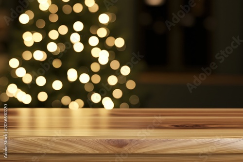 Empty Wooden Table in Front of Blurred Christmas Tree Lights Background