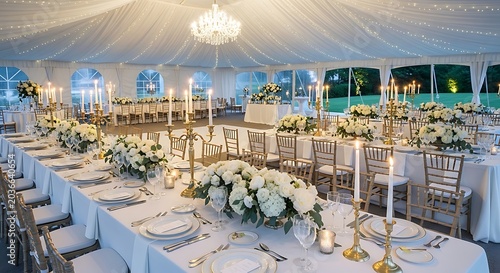 Luxurious wedding reception with white tablecloths and elegant floral centerpieces in a large tent