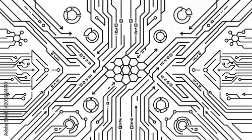 Foto Complex circuit board illustration with hexagon shapes and arrows on white backg
