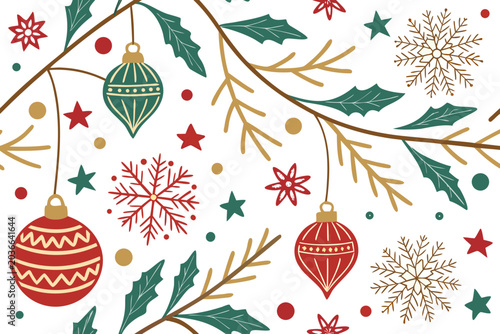 Holiday ornaments and greenery festive pattern