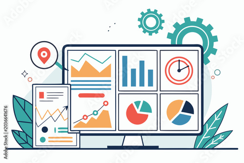 Business analytics dashboard with charts and icons