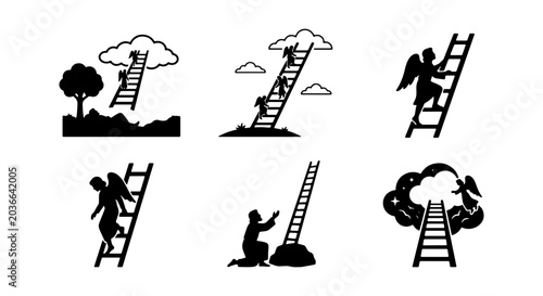 Tableau sur toile Angel & Ladder Icons, Climbing to Clouds, Vector Set, Business Growth Concepts