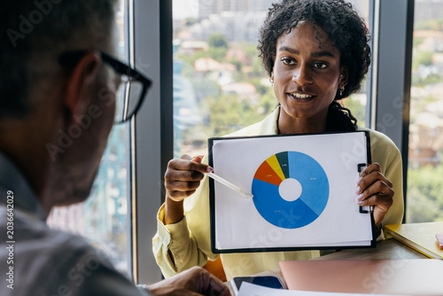 Fotografija Presenter shares analytics with colleagues around conference table