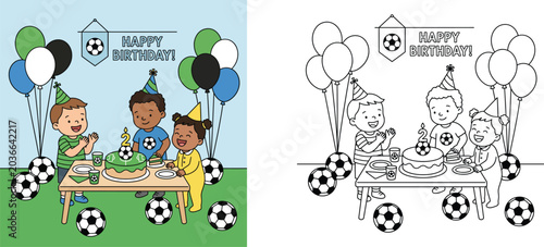 Children soccer birthday party vector illustration and coloring page set with kids celebrating second birthday with cake, balloons and banners