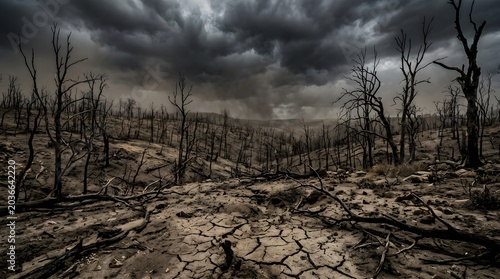 Desolate landscape after wildfire with cracked earth and stormy sky