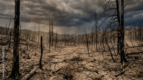 Devastated landscape after a wildfire with charred trees and cracked earth