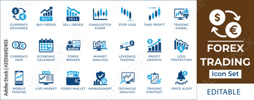 Tableau sur toile Forex trading icon set featuring currency exchange, candlestick charts, buy and sell indicators, market analysis, financial leverage, investment broker, and wallet symbols