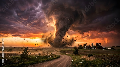 Dramatic tornado over rural landscape at sunset