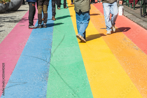 People walking in Skólavörðustígur street in Reykjavik, Iceland, Europe, famously known as 