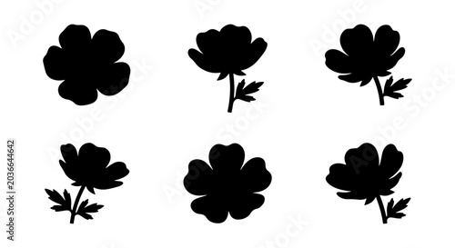 Foto Anemone Flower Silhouettes, Vector Set of Black Floral Icons, Simple Botanical G
