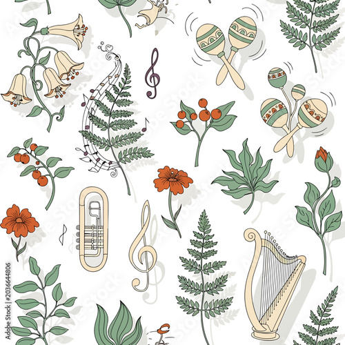 Konstfotografi Musical instruments and green leaves flowers.