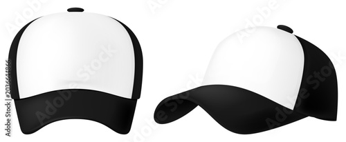 Black and white baseball cap mockup front and side view isolated on white background. Photo- realistic vector illustration.
