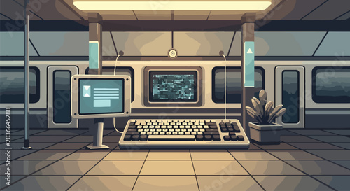 Schilderij op canvas Retro computer setup in abandoned station.
