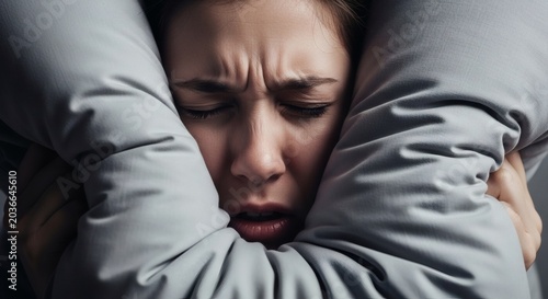 A woman covers her face with a pillow in distress