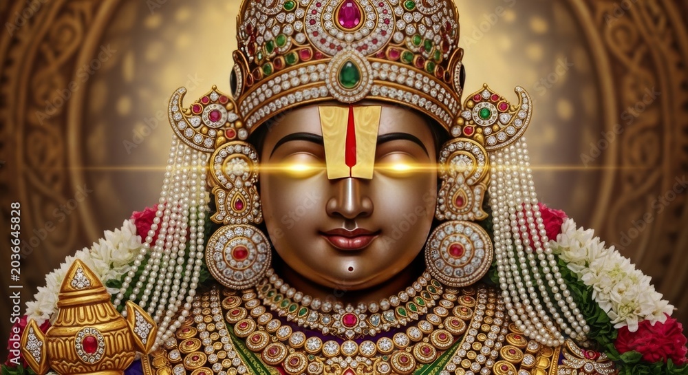 Fototapeta premium Majestic close up portrait of lord venkateswara adorned in ornate gold jewelry and radiant divine light