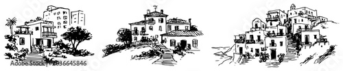 Foto Mediterranean village houses and hillside coastal architecture in hand drawn ske