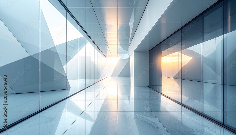 Fototapeta premium Modern office hallway interior with clean glass walls and polished marble floors showing a bright morning light in a contemporary skyscraper.