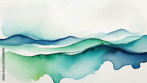 Cuadro en lienzo Abstract green and blue watercolor landscape with rolling hills watercolor lands