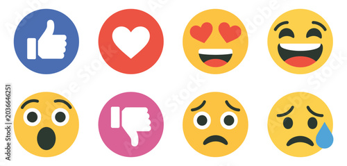 Foto Set of emoji reaction icons featuring love, dislike, laugh, cry, sad, wow, and h