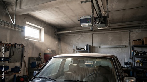 Smart Garage Door Controller Ceiling-Mounted Near Garage Door Opener with Car Windshield Reflection