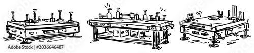 Foto Laboratory workbenches and scientific glass apparatus in hand drawn sketch style