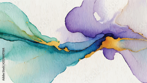 Quadro su tela Abstract alcohol ink background with teal purple and gold accents abstract water