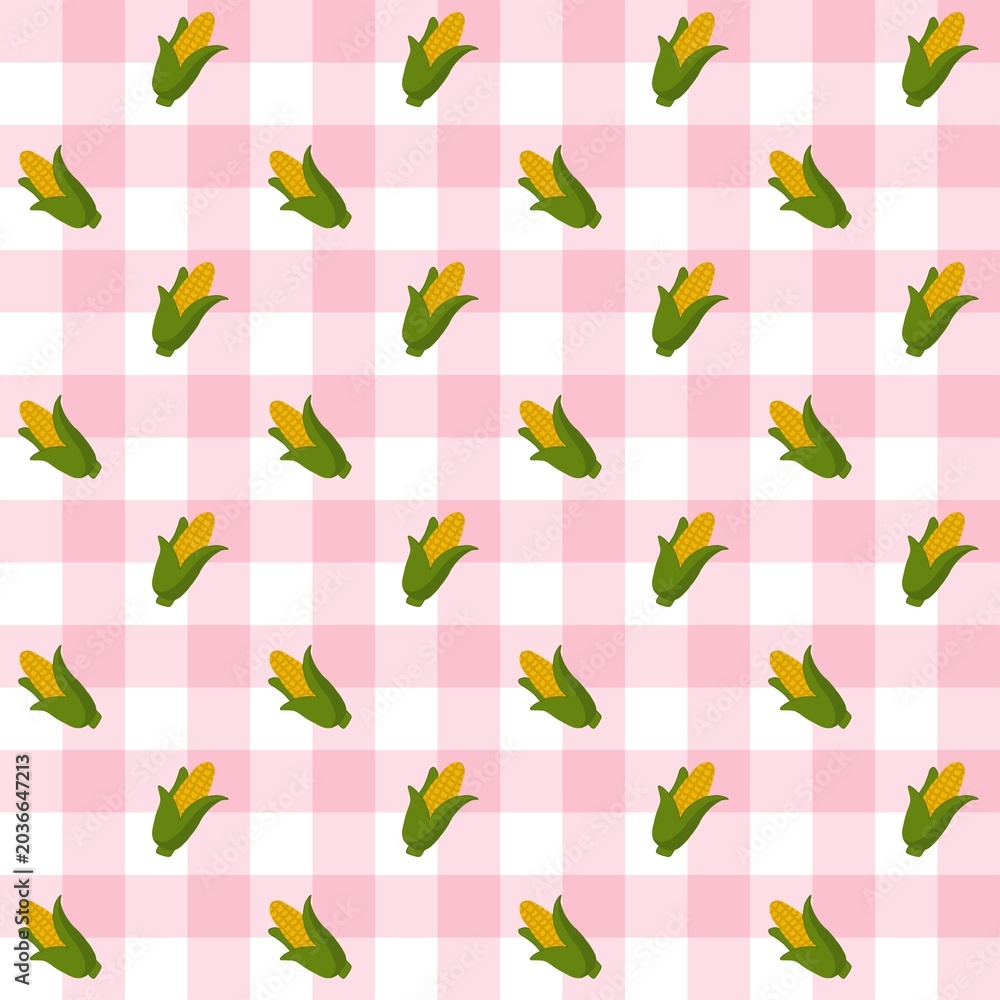 Fototapeta premium ​Seamless flat pattern of corn cobs with green husks on a pink and white gingham plaid background. Cute and playful vector illustration for fabric, paper, or digital use.