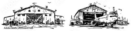 Foto Airplane hangars and passenger jet at airport terminal in hand drawn sketch styl