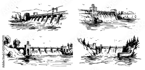 Bild auf Leinwand Hydroelectric dam and water reservoir landscapes in hand drawn ink sketch style
