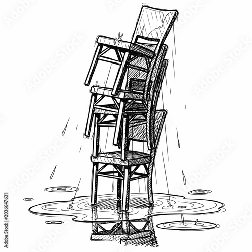 Quadro em tela Stack of old wooden chairs falling.