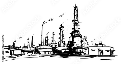 Schilderij op canvas Oil refinery plant and industrial chemical complex in hand drawn ink sketch styl