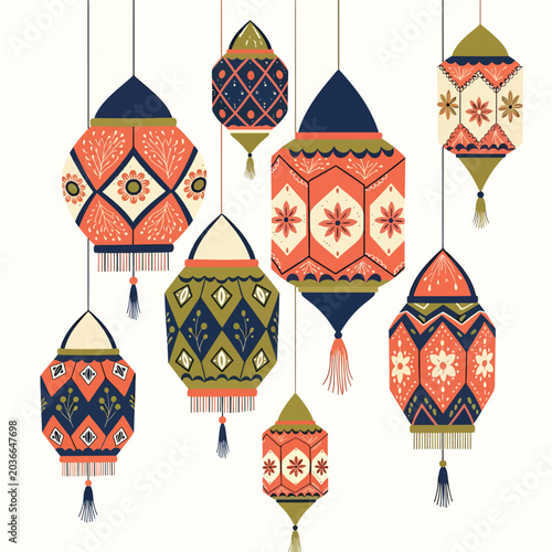 Colorful hanging decorative lanterns with tassels.