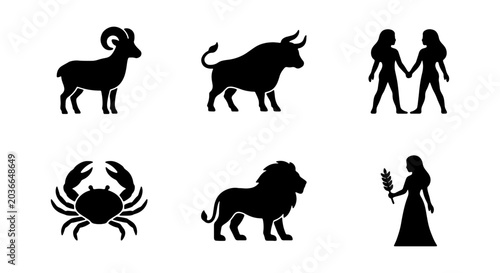 Schilderij op canvas Zodiac Symbols Vector Icons, Astrology Signs Collection, Celestial Constellation