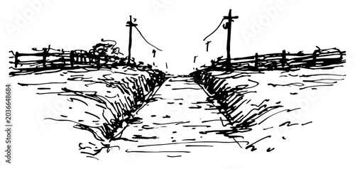 Photos Country road between fields with telegraph poles in hand drawn landscape sketch