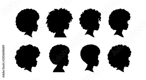 Afro Hair Silhouettes, Black Woman Head Profile Icons, Natural Curly Hair Styles, Diverse Beauty Vector Set