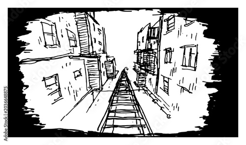 Tableau sur toile Railway tracks receding between urban buildings in dramatic hand drawn ink sketc