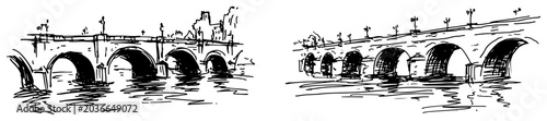 Obraz na płótnie Historic arched stone bridge and river crossing in hand drawn ink sketch style