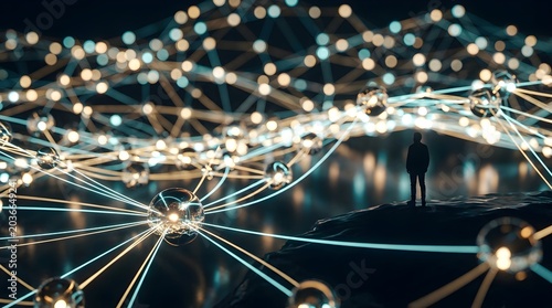 Man watching futuristic global network and digital communication web