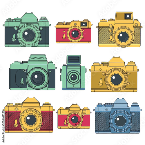 Colorful illustration of vintage cameras.