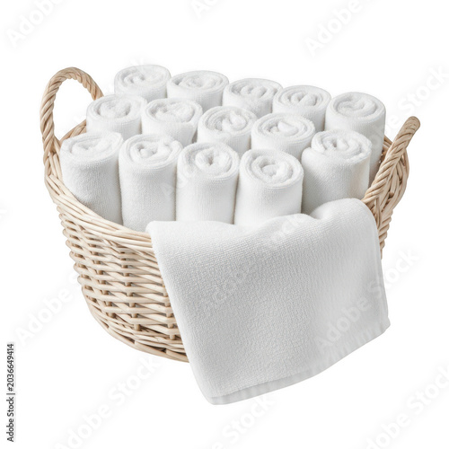 A rustic wicker basket filled with neatly rolled white towels, spa or bathroom accessory for hygiene and comfort, studio shot on clean background isolated on a transparent background