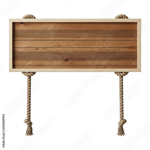 Rectangular wooden sign board with a natural grain texture and a simple frame hanging from two thick rustic rope loops on a white background isolated on a transparent background