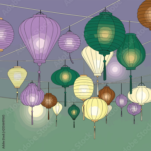 Colorful lanterns hanging from ceiling.