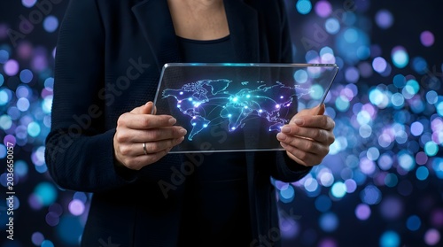 Business woman holding transparent tablet with global network map