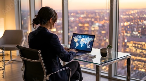 Businesswoman Working on Global Networking in Modern City Office