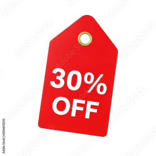 Bright red sale tag with thirty percent off text displayed clearly for retail marketing promotions and seasonal discount events in shopping stores isolated on a transparent background