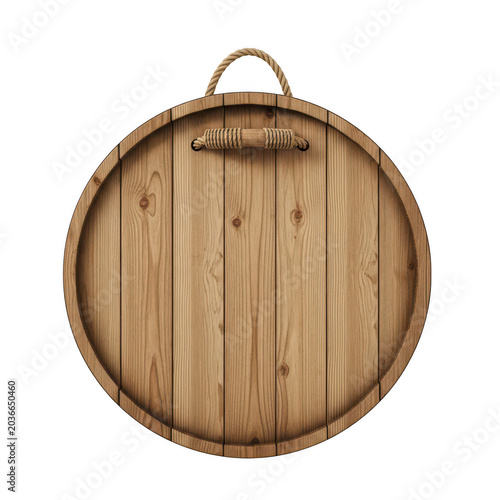 Round wooden barrel lid with a rope handle for rustic decor and vintage storage aesthetic, featuring natural wood grain texture and craftsmanship isolated on a transparent background