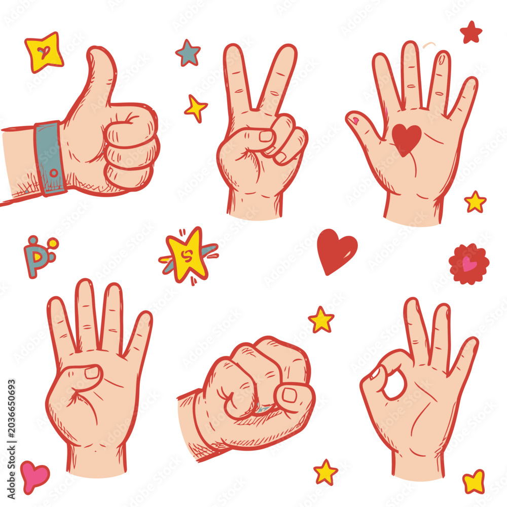Fototapeta premium A set of cartoon hands making different gestures with stars and hearts on a white background